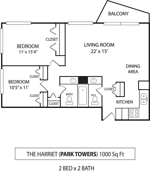 Floor plan for 2 beds, 1.5 baths, 1000 sqft
